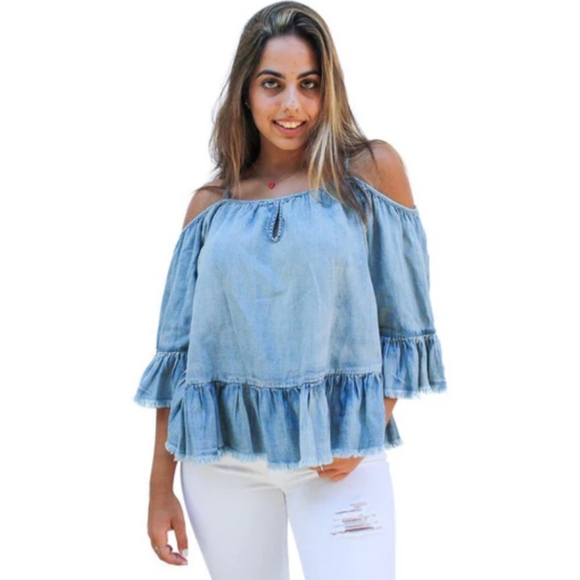 Soulmates Chambray Cold Shoulder Top Size L - Picture 3 of 5